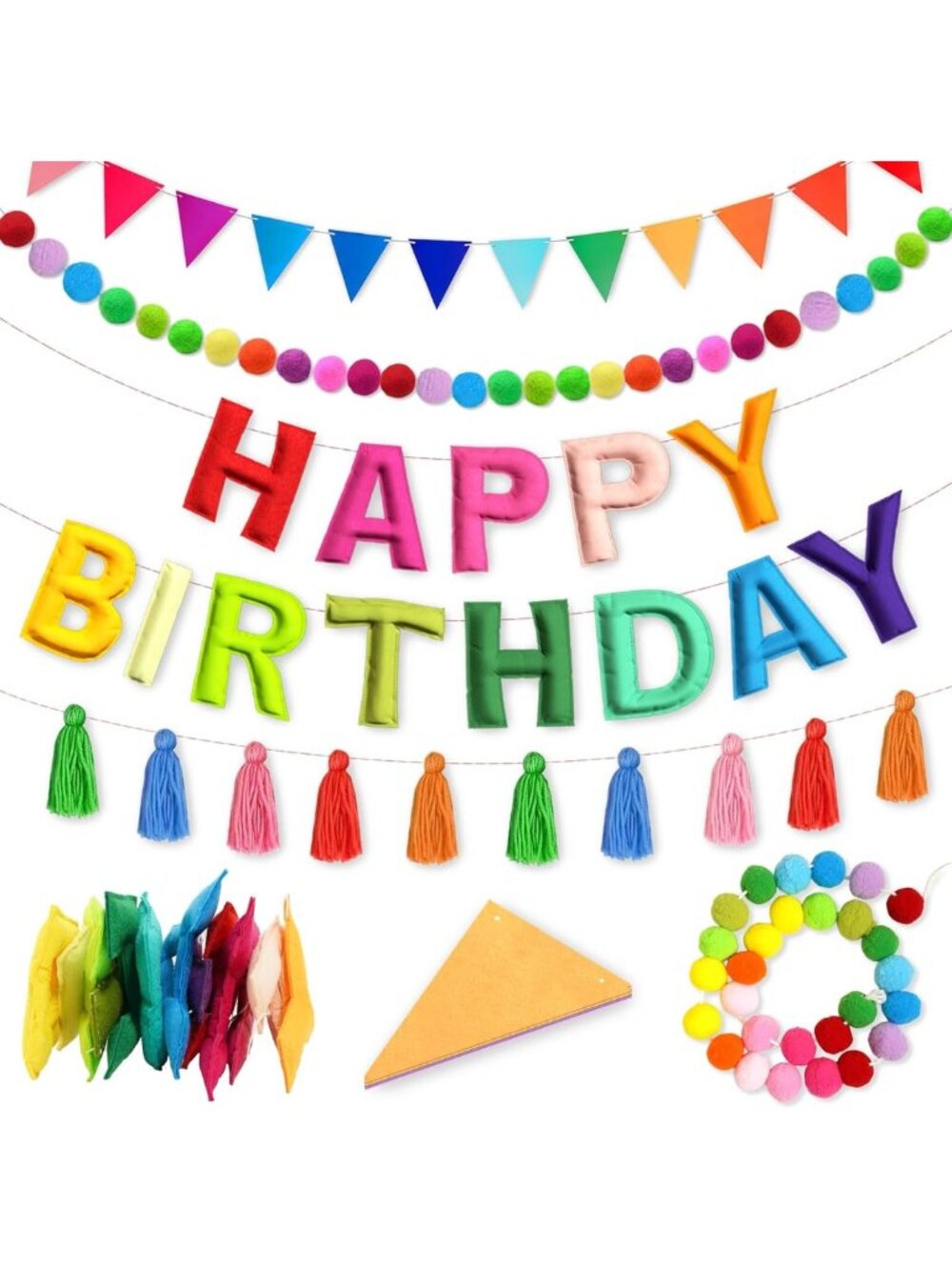 4PCS Colorful Happy Birthday Banner Set - Felt Garland, Pennant Flags & Tassels